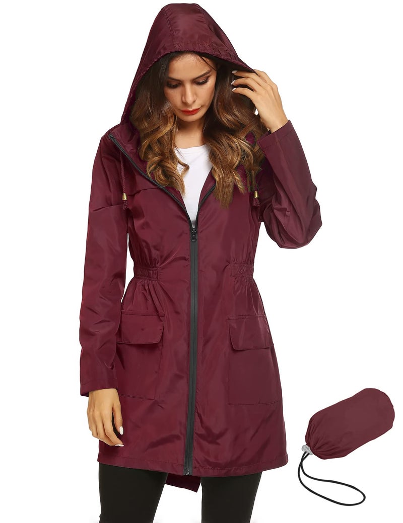 LOMON Women Waterproof Lightweight Rain Jacket Active Outdoor Hooded Raincoat (M, wine red) - Image 1
